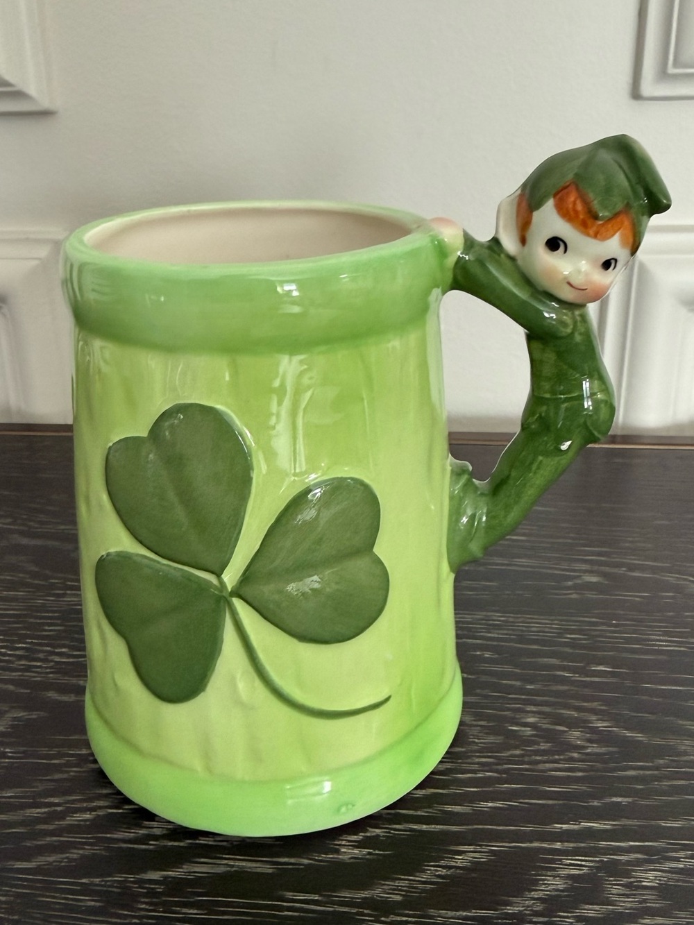 Vintage Green Ceramic Cup Mug With Pixie Elf Handle Shamrock